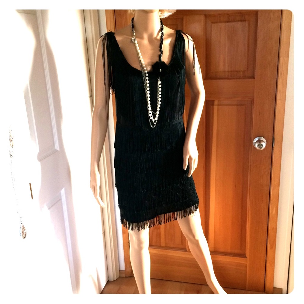 Black satin flapper costume dress w necklace